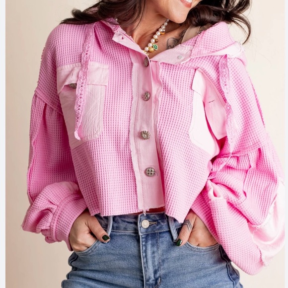 POL Jackets & Blazers - POL Pink Waffle Knit Bomber Jacket